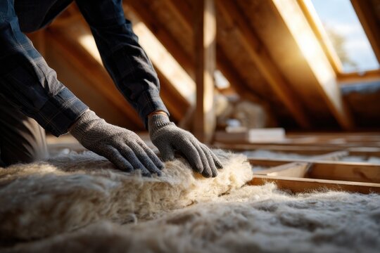 Worker installing thermal insulation material in attic with gloves in warm natural light during home renovation and energy efficiency upgrade