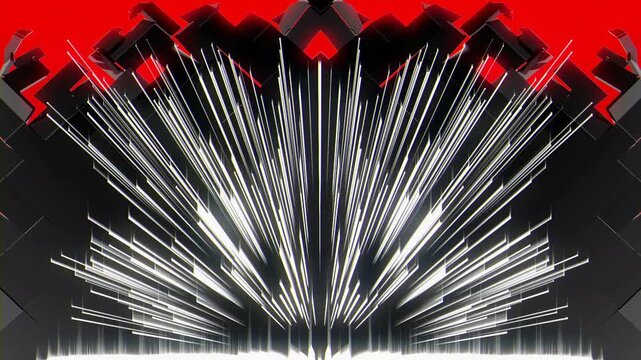 White light lines bursting over rising red geometric wall on black background, explosive seamless VJ loop