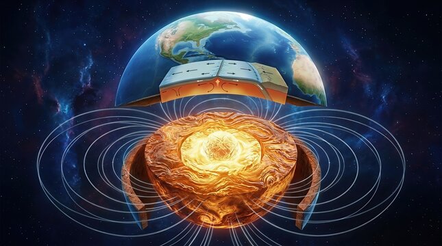 Earth's internal geosphere structure, revealing crustal tectonic plate movement, deep molten mantle convection, solid inner nucleus, liquid outer region generating magnetic field.