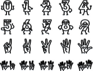 Fototapeta premium Educational collection of black and white cartoon digit characters 0 9 with arms and legs, alongside various hands showing number counting gestures up to ten