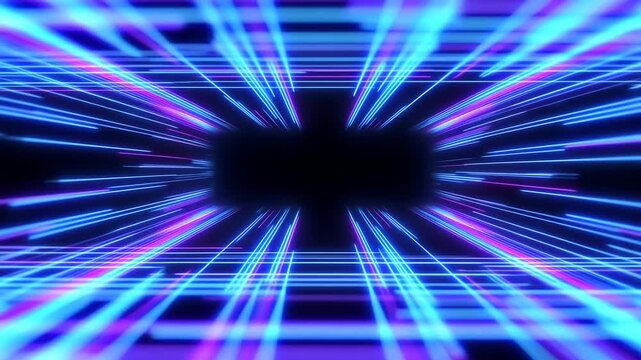 Tracking shot of neon light streaks zooming forward into rectangular void inside virtual digital tunnel with glowing blue magenta grid