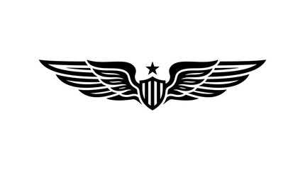 Fototapeta premium Black and white winged shield emblem with star symbol