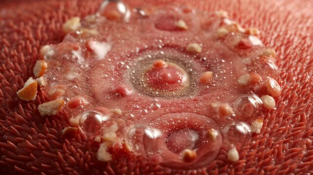 Macro View of Human Tongue Surface with Saliva Bubbles and Food Particles