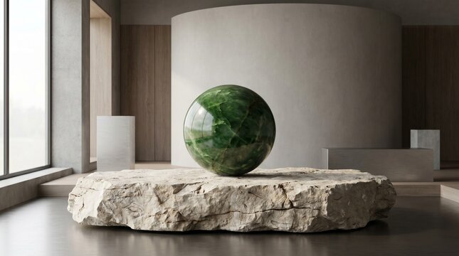 Polished green jade sphere sitting on natural stone plinth with minimalist