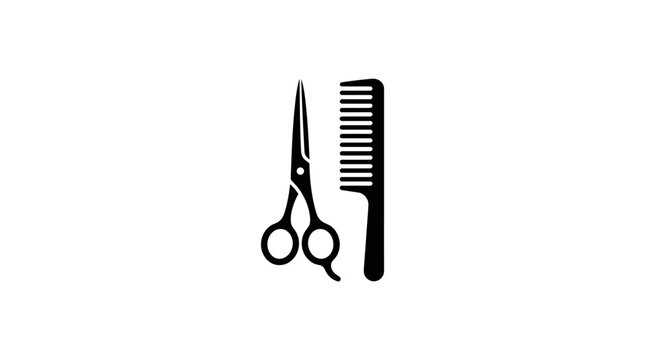 Minimalist silhouette of scissors and comb for hair styling concept