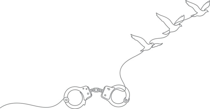 Handcuffs transforming into flying birds as a continuous line drawing representing freedom liberation and breaking free from confinement