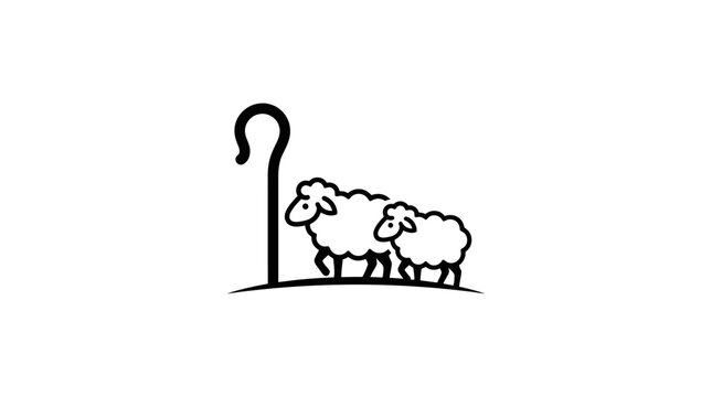 Minimalist black line art of a shepherd staff and two sheep on a hill