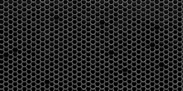 Hexagonal grid pattern on black background metallic mesh texture