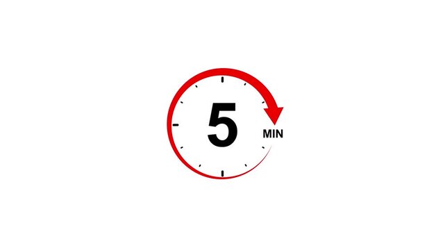 Red circular timer icon with number 5 and minutes abbreviation on white background 10 minutes clock