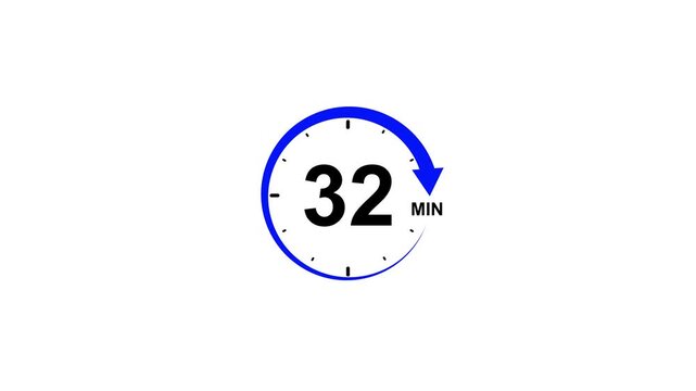 Blue circle icon with number 32 and minute symbol on white background Thirty-two minutes