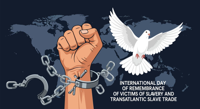 Raised fist with broken chains and white dove on world map background for international day of remembrance vector illustration