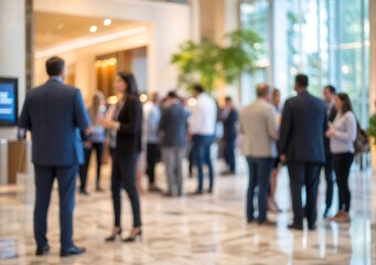 Fototapeta premium Business professionals networking at corporate event in luxury hotel lobby with blurred crowd in background for commercial business photography and professional social gathering