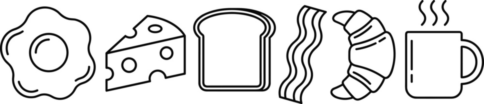 Breakfast and Morning Brunch Line Art Vector Icon Set Featuring Fried Egg, Swiss Cheese, Toast Bread, Bacon, Croissant, and Hot Coffee Mug Elements