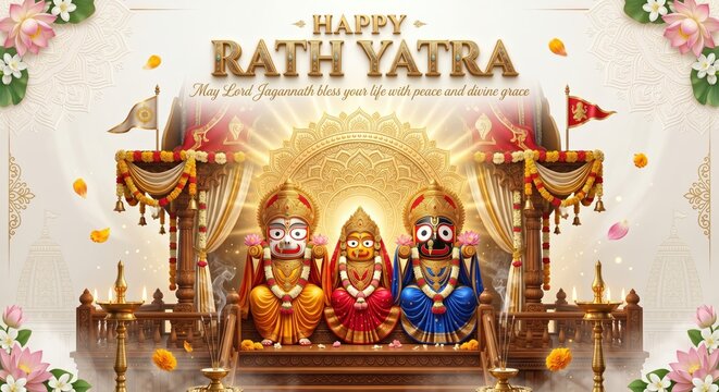 Happy rath yatra festival greeting card featuring lord jagannath balabhadra and subhadra deities on an ornate wooden chariot decorated with flowers and traditional oil lamps in a festive atmosphere