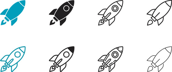 Set of eight rocket ship featuring blue black and white outline styles depicting space travel and launch concepts for modern web © JOLY