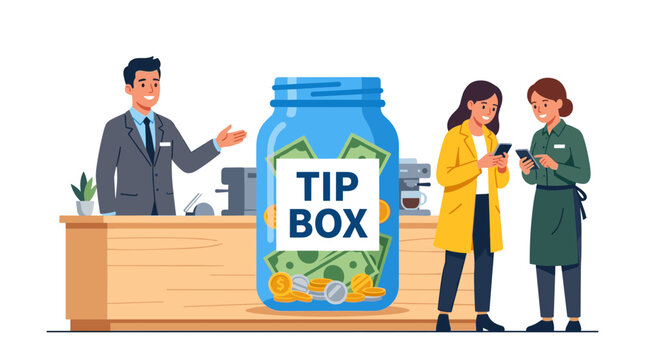People interact with tip box on counter at work