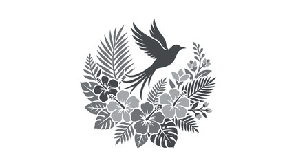Flying bird with tropical hibiscus flowers and palm foliage. © rafa