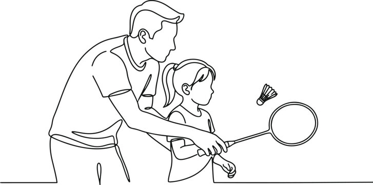 Man teaching girl to play badminton