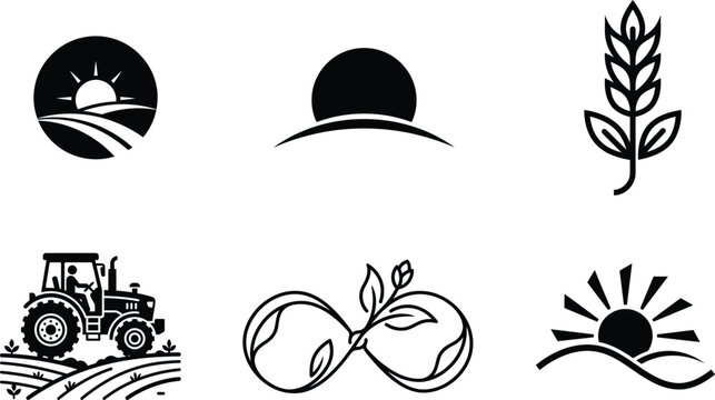 black and white icons of farming and nature  agriculture symbols