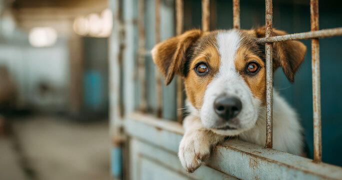 Dog looks through cage bars at animal shelter during afternoon