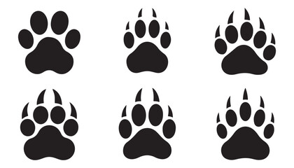 Fototapeta premium Paw prints set bear dog cat animal footprints collection silhouette vector graphic design.