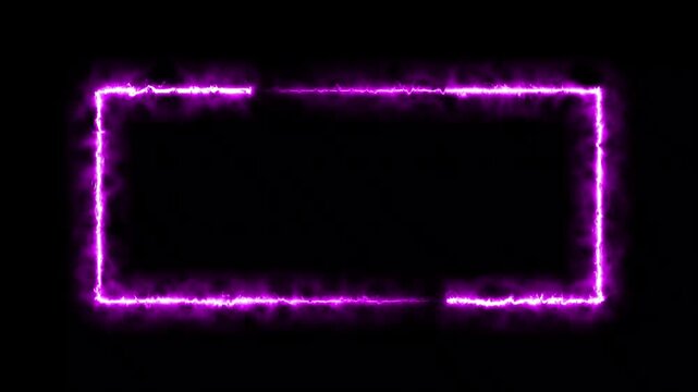 neon glow purple fire frame border running animation black screen background with abstract neon electric rectangular shape with glowing light line trail energy smoke overlay loop motion graphics. 4k