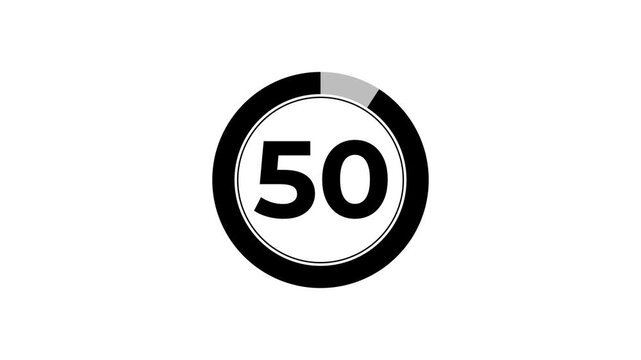 Digital circle countdown timer animation from 55 to 0 seconds on white background, 55 second countdown timer concept.