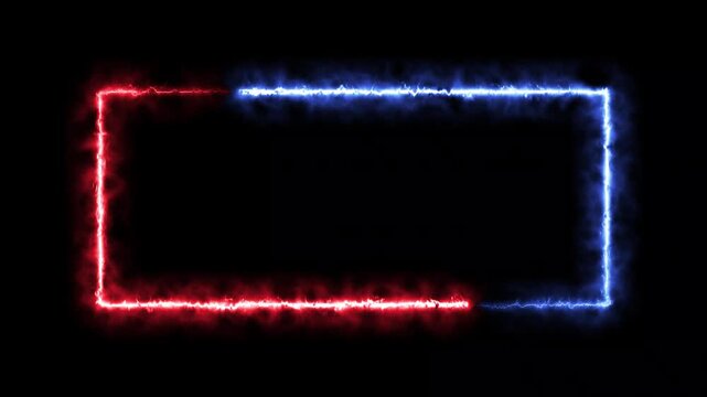 futuristic glowing red and blue energy line rectangle border loop animation video with cyberpunk style neon fire border text box for video editor or streaming frame black background overlay. 4k