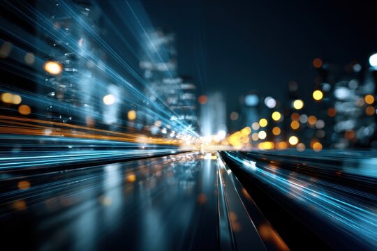 Futuristic cityscape at night with vibrant light trails and blurred glowing buildings creating a dynamic sense of speed and motion in an urban environment