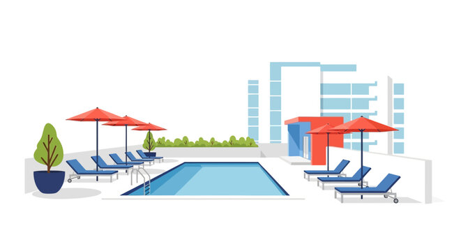 Modern Apartment Building Rooftop Pool with Lounge Chairs and Umbrellas