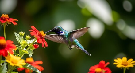Fototapeta premium Hummingbird hovering near colorful flowers in sunlight