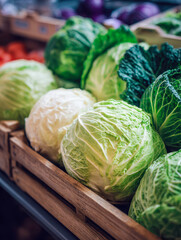 Fototapeta premium Fresh green and white cabbage heads displayed in a rustic wooden crate at a vibrant farmers market or produce store setting