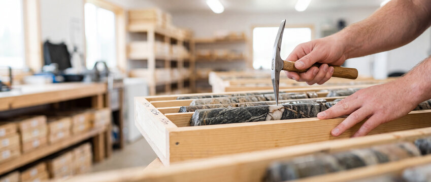 Geologist examining drill core samples with rock hammer in laboratory workshop for mining exploration