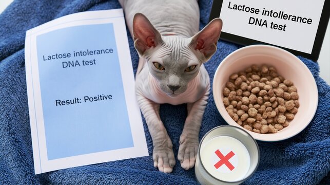 Hairless Sphynx cat lying on blue towel next to positive lactose intolerance test paper and milk glass with red X mark