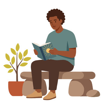 Flat Vector Illustration of African American Man Sitting on Bench and Reading