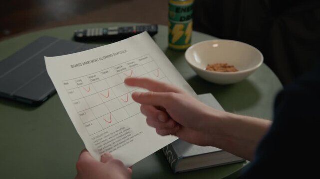 Young gen Z roommates discussing shared apartment cleaning schedule, pointing at chores on paper document and arguing. Footage is perfect for student housing or co-living advertisements