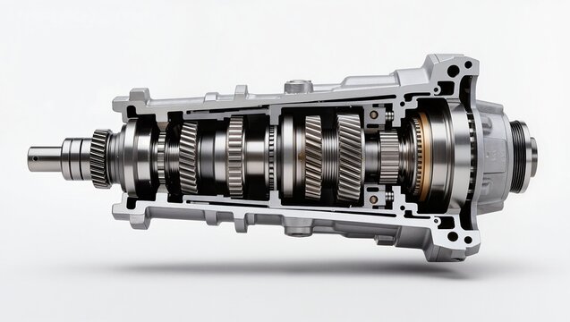 Sectional View of Manual Transmission Gearbox with Multiple Gear Shafts and Synchronizers