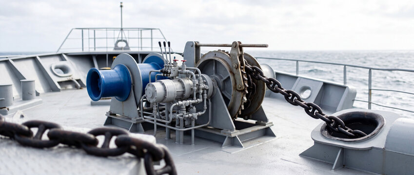 Ship anchor windlass and heavy chain on foredeck of commercial vessel at sea