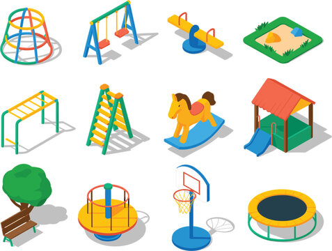 Isometric Playground Equipment Collection Set, Children Recreation Park Elements with Slides Swings and Trampoline