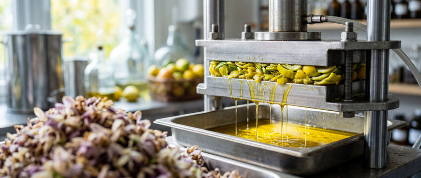 Artisanal citrus oil being extracted in a small mill press, fresh citrus fruits crushed to release golden oil that drips into a tray