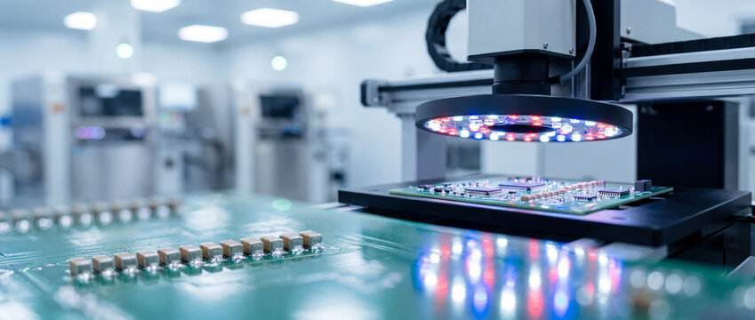 Automated PCB inspection system with LED optical scanner over circuit board in high-tech factory