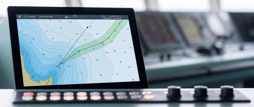 Digital navigation display showing nautical chart and route planning on a ship bridge control panel