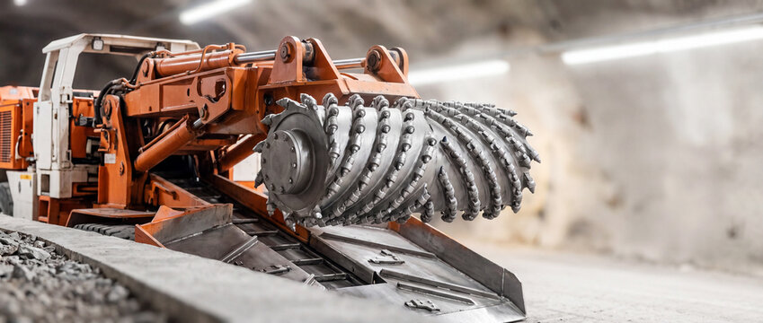 Heavy mining machine tunnel boring cutterhead in underground tunnel excavation site