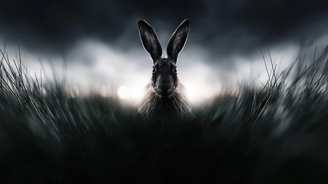 Spooky rabbit face emerging from tall grass under stormy dark cloudy sky