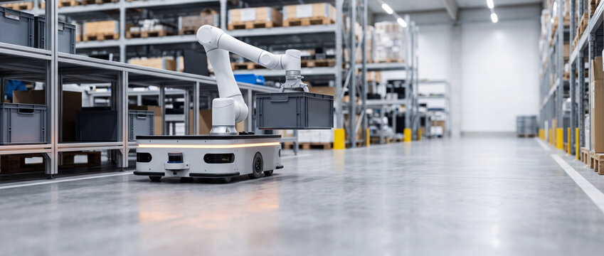 Autonomous mobile robot with robotic arm operating in modern warehouse automation and logistics fulfillment center