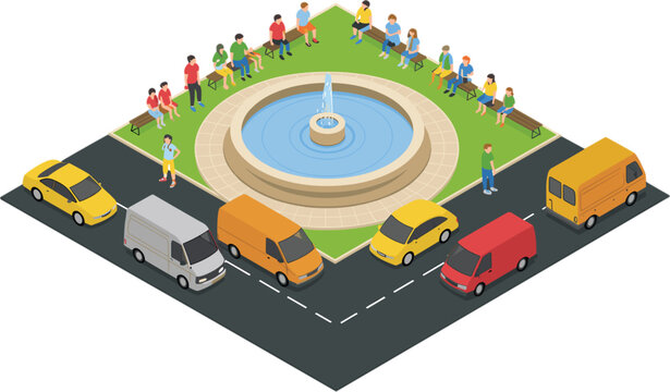 Isometric City Fountain Square Scene, Urban Traffic Intersection with Vehicles and People Vector Illustration
