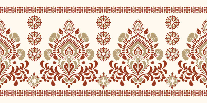 Seamless vector border pattern with traditional ikat paisley and floral motifs, elegant ethnic ornament on cream background.