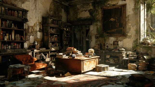 Abandoned, decaying study room contains tall bookshelves overflowing with old literature