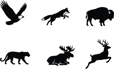 Fototapeta premium Wild Animal Silhouette Collection Featuring Eagle Fox Bison Panther Moose and Deer Vector Set