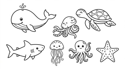 Naklejka premium Cute Ocean Animals Line Art Set with Whale, Turtle, Shark, and Octopus in Minimal Marine Clipart Collection